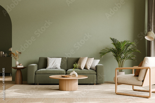 Modern living room with green sofa and potted plants. 3d render.