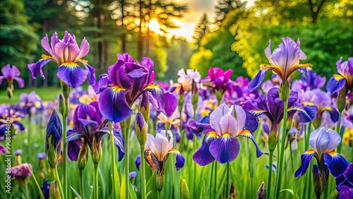 Siberian iris flowers burst with vibrant hues, elegantly framed by lush green leaves, creating a stunning display in their natural habitat, showcasing natureâ€™s beauty.