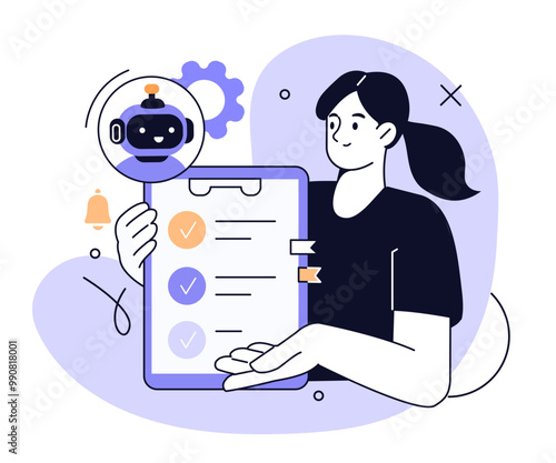 AI technology concept. Character working with artificial intelligence, chatbot, generative tools for tasks, checklist, time management. Vector illustration.