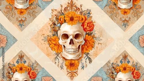 A decorative pattern featuring a skull surrounded by vibrant flowers on a textured background, blending elements of mortality and beauty.