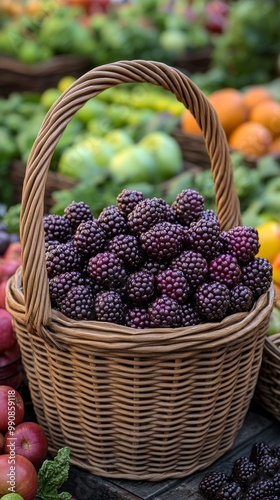 A basket of ripe dewberries displayed at a farmer's market, surrounded by fresh apples and other vibrant produce.