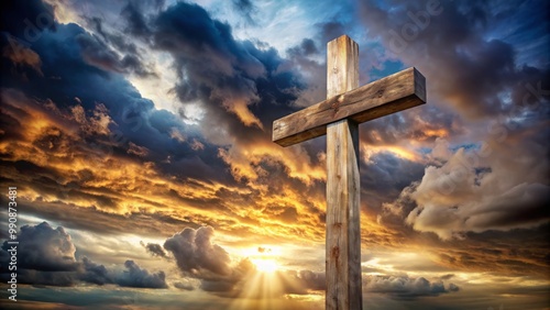 A solemn wooden cross stands tall against a dramatic, cloudy backdrop, its rugged beauty symbolizing the selfless