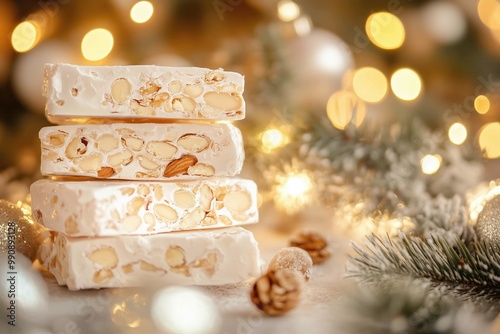 Almond nougat spanish turron on festive background. Space for copy