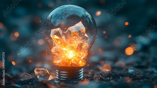 A shattering light bulb reveals radiant, glowing crystals inside, symbolizing untapped potential and transformation, surrounded by soft glowing shards