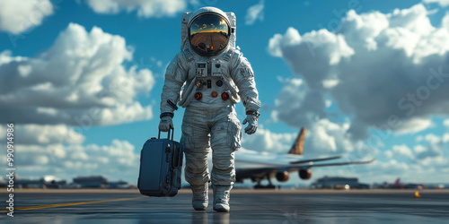 Astronaut with suitcase walking under bright sky.