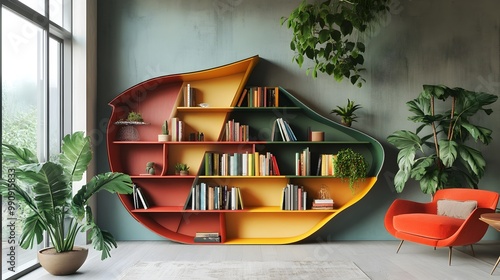 bookshelf showcasing a collection of books and plants with bright vibrant colors and unique geometric shapes in a modern contemporary living room design