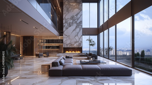 Opulent penthouse living room with marble floors, large glass walls, sleek contemporary sofas, and a stylish fireplace centerpiece