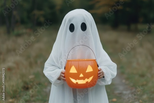 Child dressed as a ghost holding out a glowing pumpkin candy bucket, close-up, trick-or-treat scene, cheerful and spooky, soft light