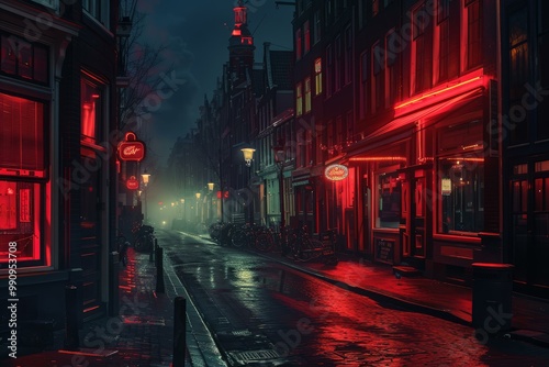 Red and green neon lights illuminating a wet street in the red light district at night