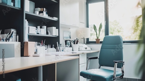 Serene Doctor's Office Interior with a Clean Desk, Empty Chair, and Organized Medical Equipment Reflecting a Calm Healthcare Atmosphere. Medical Consultation Room Ambiance.