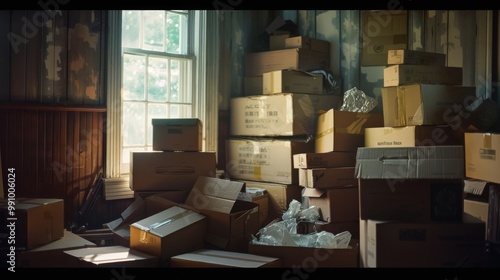 A room filled with a chaotic assortment of cardboard boxes stacked from floor to ceiling, hinting at a recent move or upcoming major organization effort.