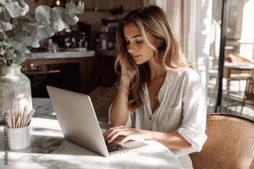 A woman in white blouse working on a laptop in a cozy cafe with elegant decor and natural light coming through windows.