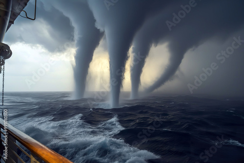 Stormy seas with multiple waterspouts observed from a ship\'s deck during turbulent weather conditions