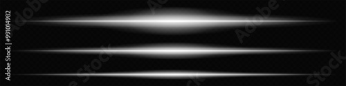 Glowing white laser beam horizontally across a dark transparent background, creating a futuristic and high-tech visual effect. Neon flare, laser lines of light. On a transparent background.