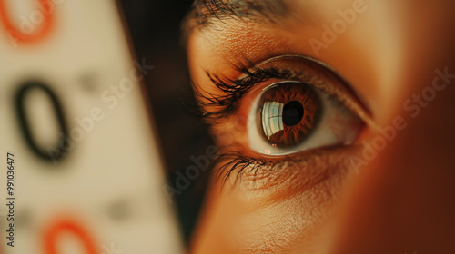 A close-up of an eye examining a vision test card, highlighting the detail of the iris and the surrounding skin.