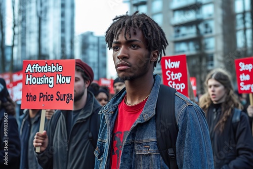 Participants at a housing rights rally advocate for affordable housing in their community, aiming to address the price surge and promote equity