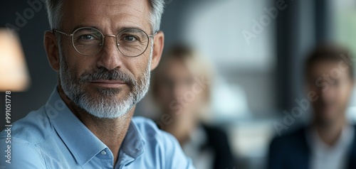 Confident Middle-Aged Businessman Closeup Portrait with Gold-Rimmed Glasses in Professional Setting, Business Leadership Concept