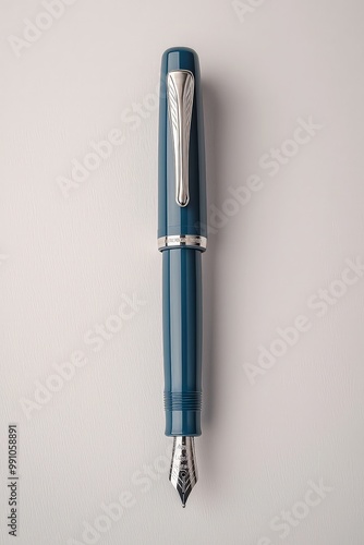 Luxurious Blue Resin Fountain Pen Closeup on White Surface - Elegant Writing Instrument for Catalogs and Marketing