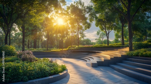 A sunlit park with curved amphitheater seating, modern landscape design, and lush green trees, accentuated by serene golden hour lighting and architectural elements.