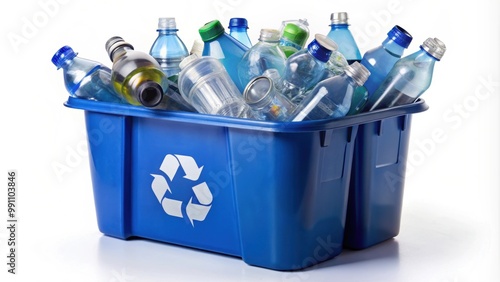 Blue recycling bin filled with plastic bottles and aluminum cans, recycling, bin, blue, plastic, bottles