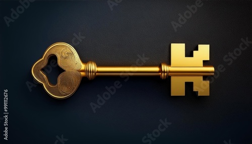 Golden key on a dark background, symbolizing access and opportunity, ideal for modern design concepts.