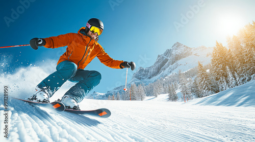 Man enjoying skiing in mountain ski resort with beautiful winter landscape banner. Male freeride skier on slope with professional equipment on sunny day Skier carving down slope against clear blue sky