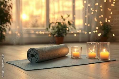 Tranquil meditation space with a yoga mat candles and soothing natural light in a serene room.