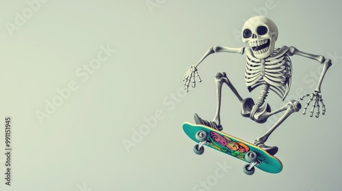 Grinning skeleton skateboards in a 3d illustration, adding spooky fun to extreme sports. Perfect for halloween projects!