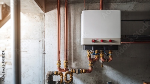 A modern tankless water heater, featuring copper pipes and a sleek design, installed in a neat basement