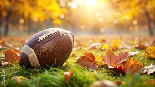 Serenity and beauty of a football on a dewy field amidst autumn leaves