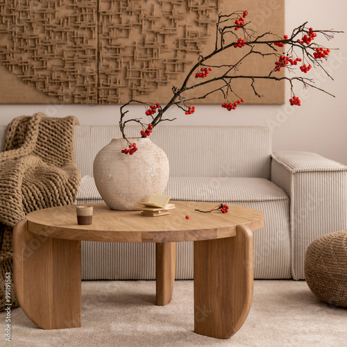 Warm composition of living room interior with mock up postrer frame, vase with rowan, wooden coffee table, beige carpet, brown pouf, braided plaid and personal accessories. Home decor. Template.