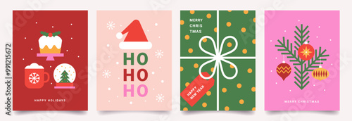 Set of Merry Christmas and Happy New Year minimalist trendy cards. Modern Xmas flat design with geometric pattern of holiday icons. Vector template for banner, poster, holiday cover.