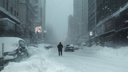 lone figure stands in snow covered city street during blizzard, surrounded by heavy snowfall and obscured visibility. scene captures stillness and isolation brought on by winter weather