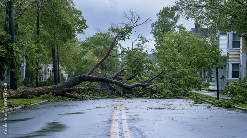 fallen tree blocks residential street after severe thunderstorms, showcasing aftermath of natures power. scene evokes sense of disruption and impact of weather events