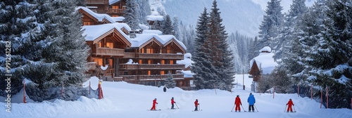 A group of people skiing in the snow, with a lodge in the background. Scene is cheerful and lively, as the skiers are enjoying their time on the slopes