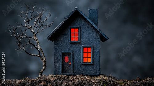 A spooky black house with glowing orange windows on a dark background.