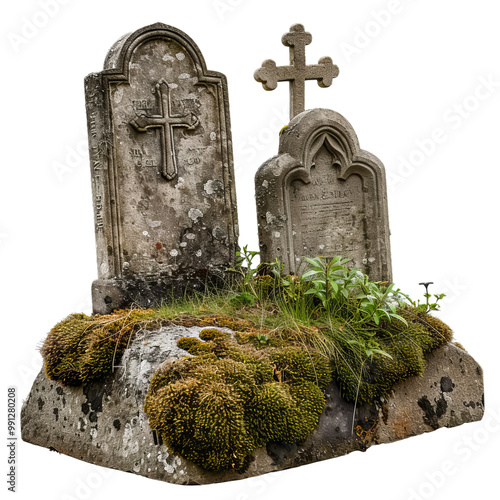 Two weathered tombstones with crosses standing on moss covered ground are isolated on white background