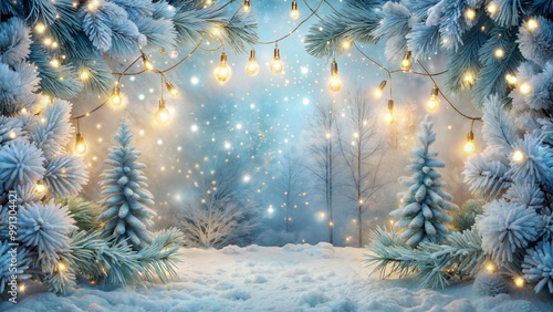 Winter wonderland photo booth with snowy background and illuminated trees