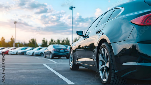 Car parked at outdoor parking lot. Used car for sale and rental service. Car insurance background