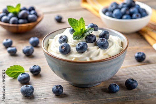 Healthy and creamy yogurt or skyr with blueberries in a bowl of cottage cheese and blueberry from a low angle, healthy, yogurt, food, creamy, blueberries, natural, bowl, fruit, organic