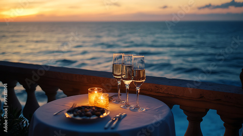 Candlelit dinner on a balcony overlooking the ocean, with a small table, wine glasses, and the sound of waves