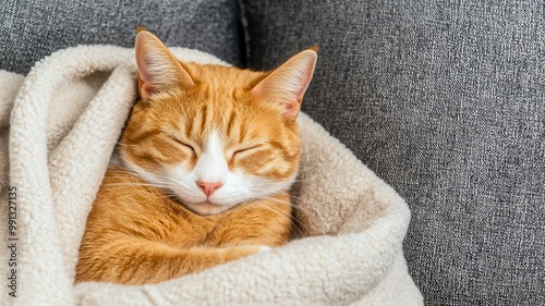 Cat curled up in a soft blanket on the couch, with a peaceful expression while napping cat nap, cozy home