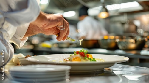 Chef plating a gourmet dish in a restaurant kitchen