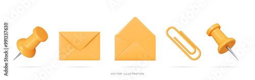 3D Yellow supplies emoji icon set. Stationery push pin, paper clip. Open and closed envelopes. Business and education concept. School elements. Cartoon design objects. 3D Vector Illustration