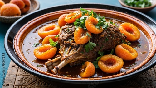 Moroccan lamb tagine with apricots closeup