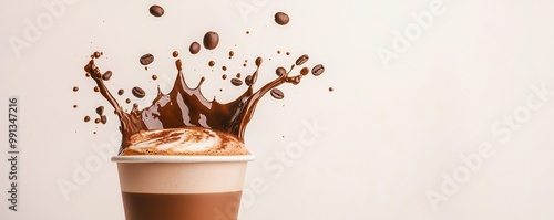 Mocha splashing from a cup with chocolate drizzles and foam in mid-motion mocha splash, rich indulgence