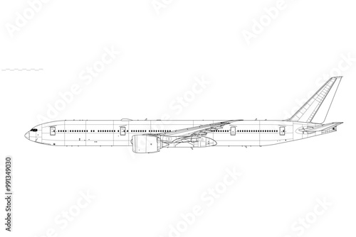 Boeing 777-9. Vector drawing of long-range, passenger jet airliner. Side view. Image for illustration and infographics.