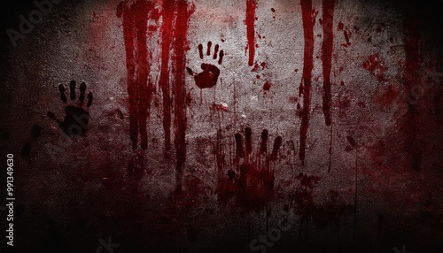 Fake Bloodied Handprints Streaked Across a Grungy Wall, Symbolizing Horror, and Desperation in a Dark, Disturbing Scene with Dripping Red Marks Set Against a Dirty, Textured Halloween Background