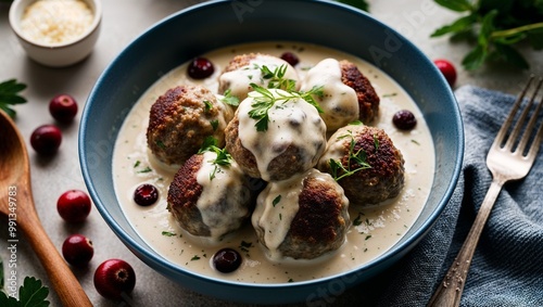 Swedish meatballs in creamy sauce with lingonberries closeup