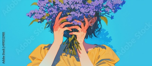 Woman concealing her face with a bouquet of lilac flowers against a vibrant blue backdrop